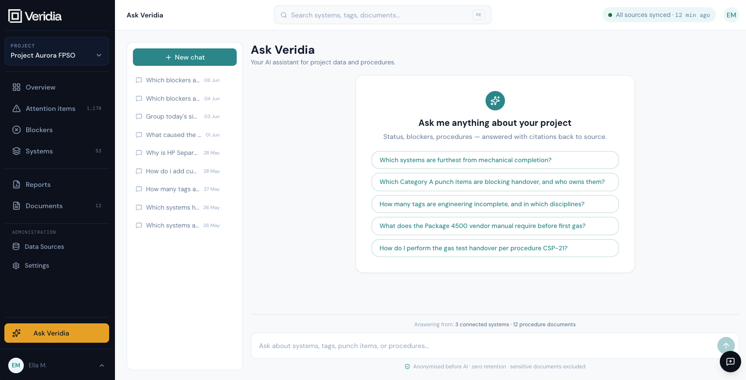 Ask Veridia — plain-language questions with answers cited to source